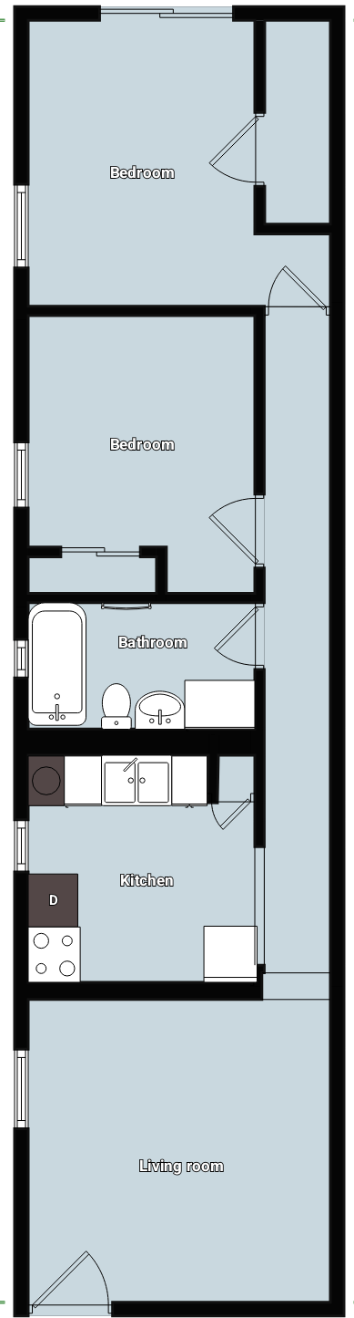 A floor plan of a house with labeled rooms such as Bedroom, Bathroom, Kitchen, Living room, and Dining room.